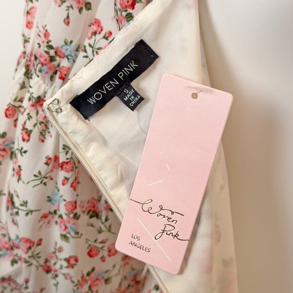 NWT WOVEN PINK Floral Puff Sleeve Mini Dress (Cream | Size S) - Picture 9 of 10